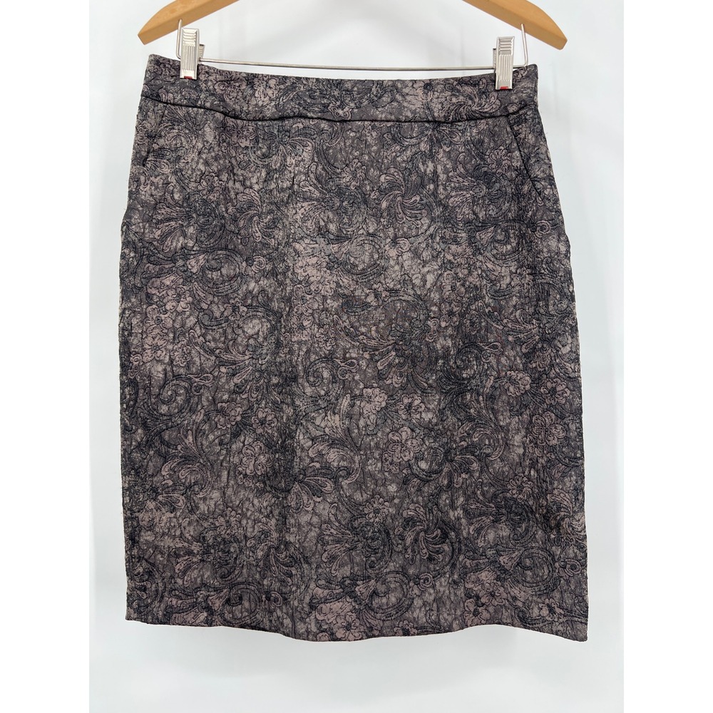 Coldwater Creek Womens P8 Petite Jacquard Floral Paisley Pencil Skirt Gray Black